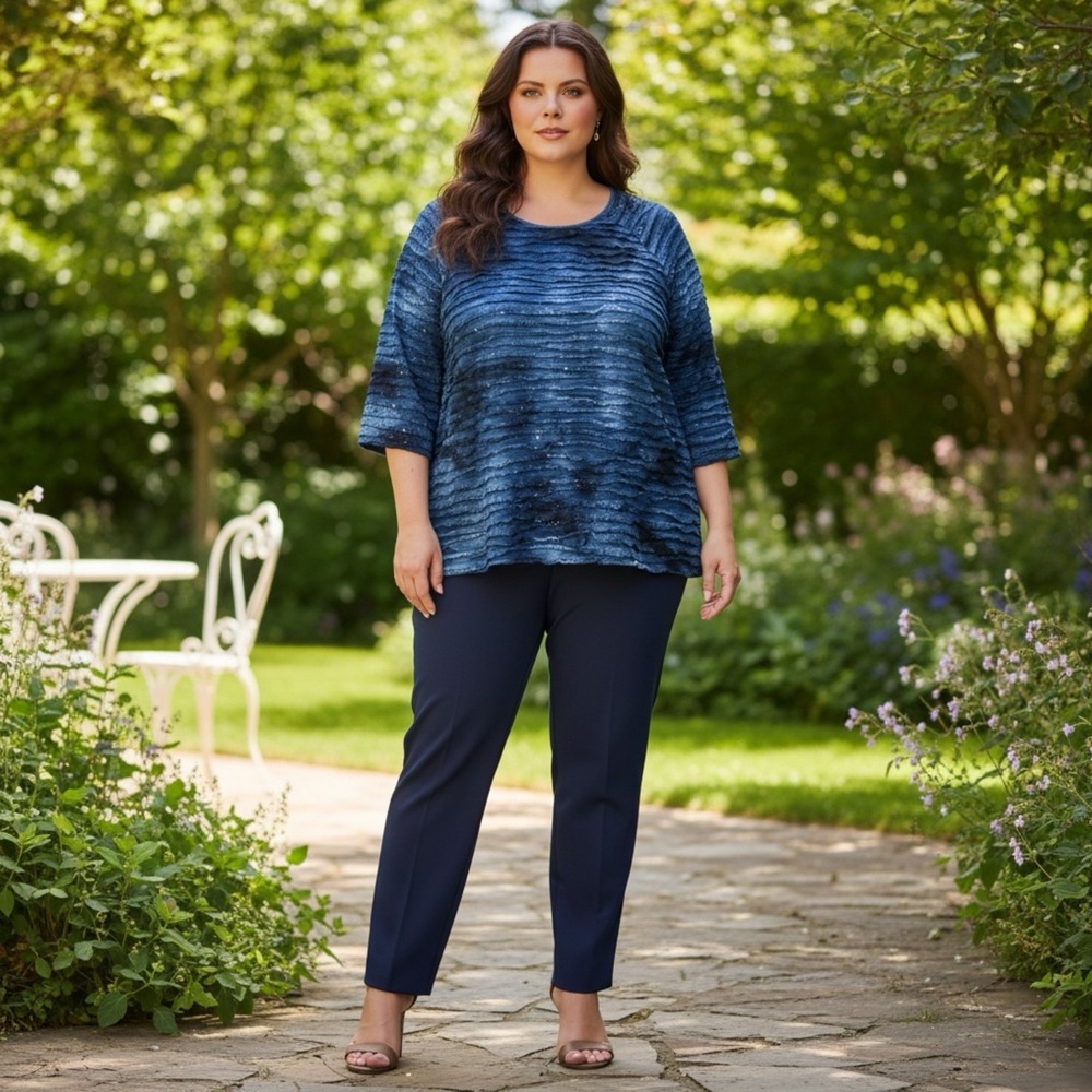Maggie Barnes Ladies Plus Size Blue Ruffle Flat Sequined Top Blouse Sz 4XL NWOT